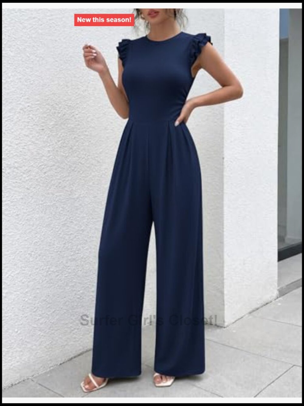Ruffle Cap Sleeve Rib Knit Jumpsuit with Pockets - Picture 5 of 7